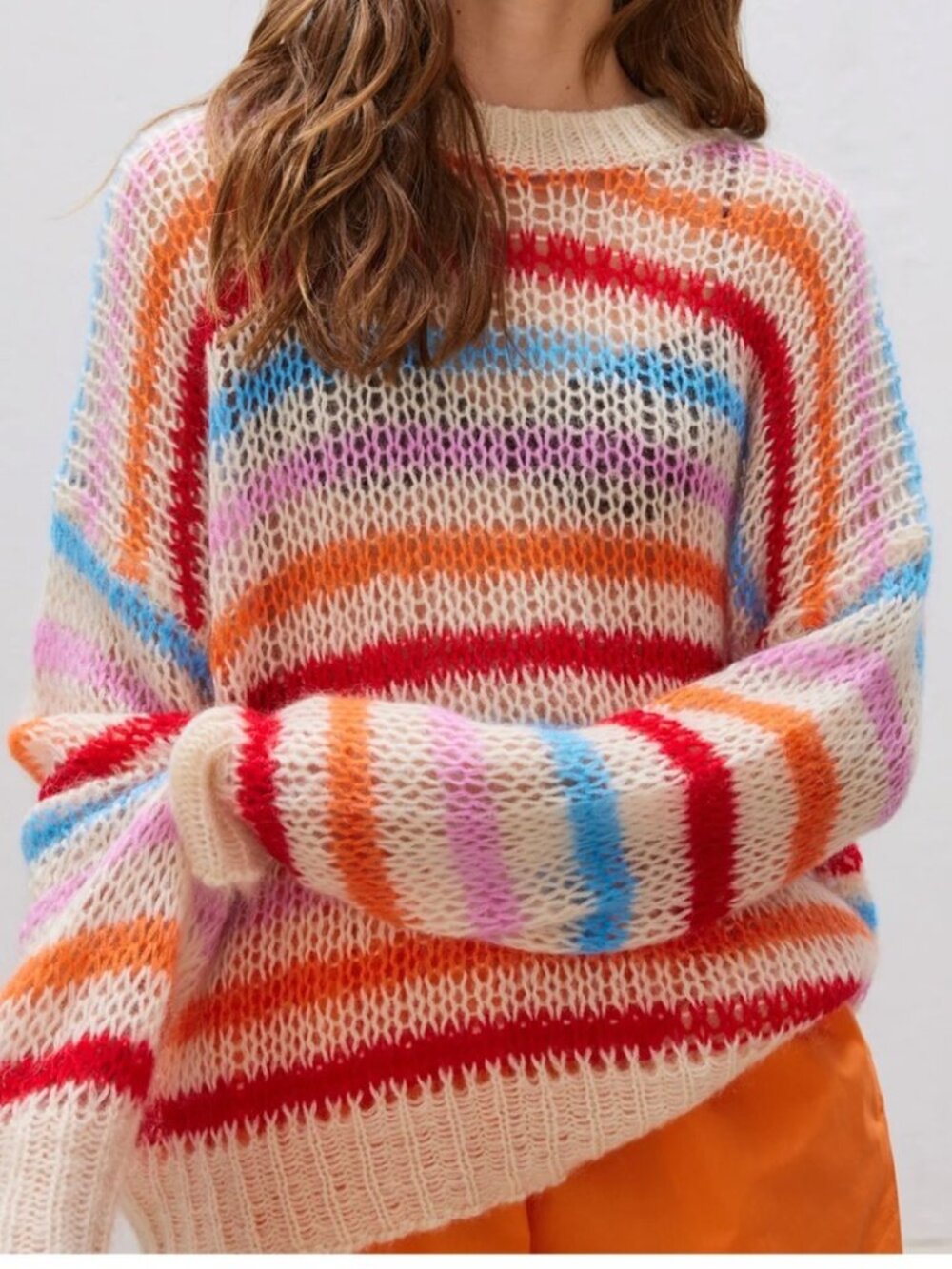 LMND Nicci Stripe Open Knit Mohair Multicolor Sweater In Ultra Pink / Ceramic